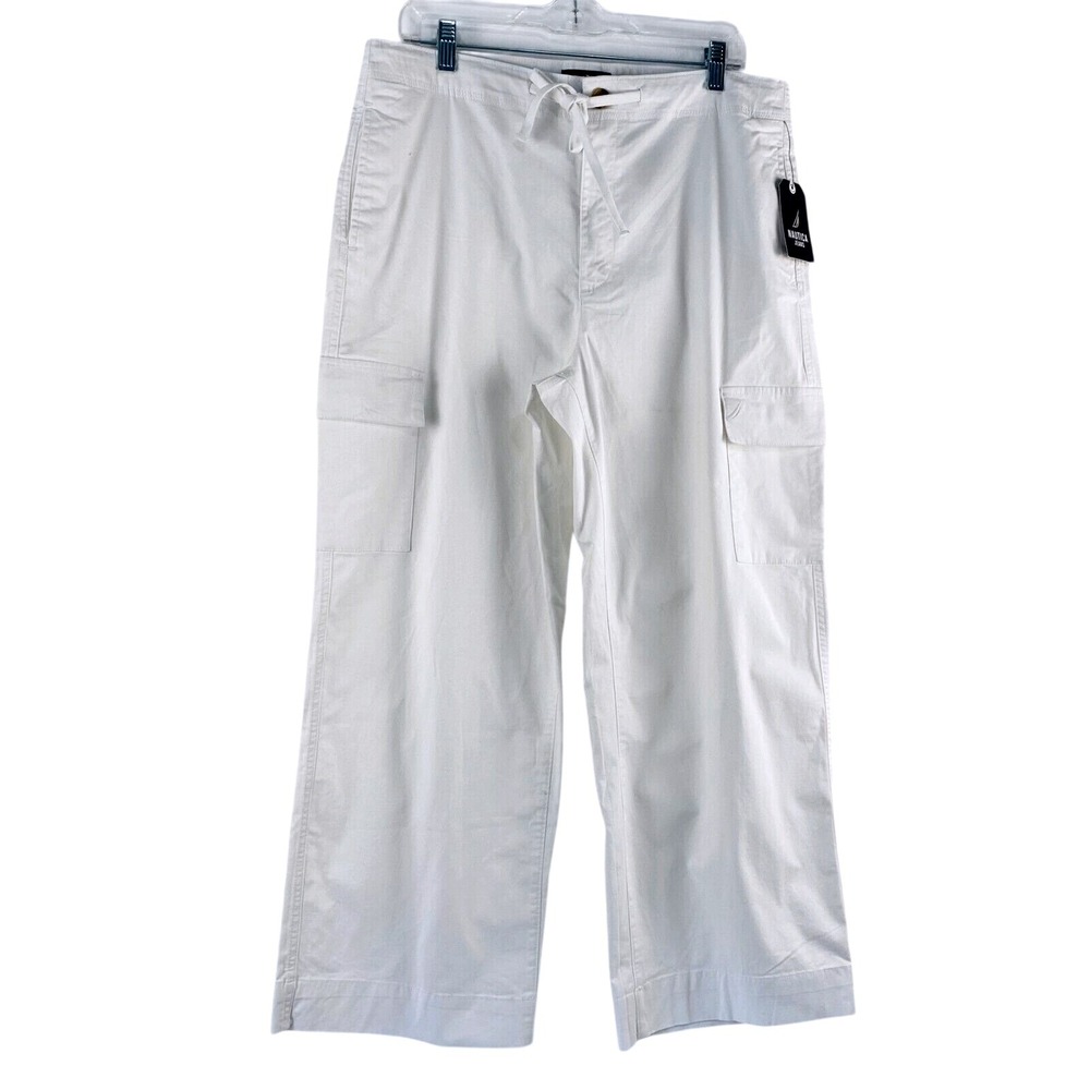 Nautica Cargo Pants Women 12 White NEW Drawstring Wide Leg High Rise